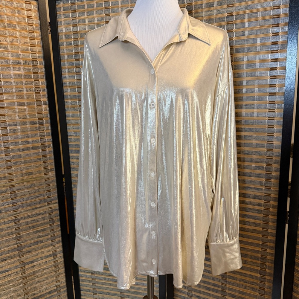 Anthropologie The Nika Shine Button-Down Shirt Women XL Gold Metallic Shimmer